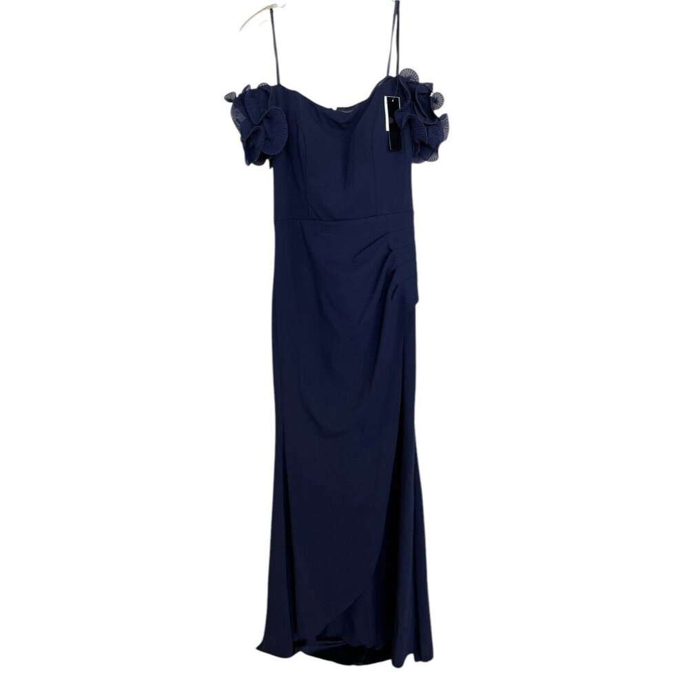 Xscape Dress Gown Womens Size 6 Blue Ruffle Off Shoulder Ruche Back Evening